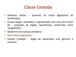 Classe Cestoda
• Solitárias, tênias – parasitas de tratos digestórios de
vertebrados;
• Corpos longos, achatados e segmentados com uma série linear
de - conjuntos de órgãos reprodutivos, conhecidos como
“proglótides”;
• Epiderme com cutícula protetora;
• Sem sistema digestório;
• Escólex (“cabeça” - órgão de apreensão) com ganchos e
ventosas.
 