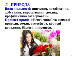 12
Л –ПРИРОДА
Види діяльності: вивчення, дослідження,
добування, вирощування, догляд,
профілактика захворювань.
Предмет праці: об’єкти живої та неживої
природи, земля, атмосфера, корисні
копалини, біологічні процеси.
 