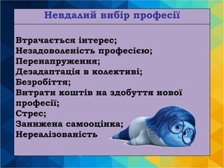 Невдалий вибір професії
Втрачається інтерес;
Незадоволеність професією;
Перенапруження;
Дезадаптація в колективі;
Безробіття;
Витрати коштів на здобуття нової
професії;
Стрес;
Занижена самооцінка;
Нереалізованість
 