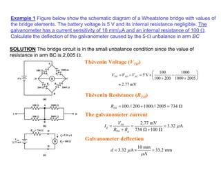Example 1 Figure below show the schematic diagram of a Wheatstone bridge with values of
the bridge elements. The battery voltage is 5 V and its internal resistance negligible. The
galvanometer has a current sensitivity of 10 mm/µA and an internal resistance of 100 Ω.
Calculate the deflection of the galvanometer caused by the 5-Ω unbalance in arm BC
SOLUTION The bridge circuit is in the small unbalance condition since the value of
resistance in arm BC is 2,005 Ω.
G
A
C
B
R3
R1 R2
R4
100 Ω 1000 Ω
2005 Ω
200 Ω
5 V
(a)
100 Ω A
B
C D
200 Ω 2005 Ω
1000 Ω
(b)
RTH= 734 Ω
G
C
D
Ig
=3.34 µA
Rg= 100 Ω
VTH
2.77 mV
(c)
D
Thévenin Voltage (VTH)
Thévenin Resistance (RTH)
100// 200 1000// 2005 734
TH
R = + = Ω
The galvanometer current
2.77 mV
3.32 A
734 100
TH
g
TH g
V
I
R R
µ
= = =
+ Ω + Ω
Galvanometer deflection
10 mm
3.32 A 33.2 mm
A
d µ
µ
= × =
mV
2.77
2005
1000
1000
200
100
100
V
5
≈






+
−
+
×
=
−
= AC
AD
TH V
V
V
 