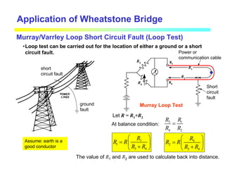 Application of Wheatstone Bridge
Murray/Varrley Loop Short Circuit Fault (Loop Test)
•Loop test can be carried out for the location of either a ground or a short
circuit fault. Power or
communication cable
Murray Loop Test
Short
circuit
fault
X1
X2
R1
R2
R3
R4
ground
fault
short
circuit fault
Let R = R1+R2
At balance condition:
3 1
4 2
R R
R R
=
3
1
3 4
R
R R
R R
 
=  
+
 
4
2
3 4
R
R R
R R
 
=  
+
 
The value of R1 and R2 are used to calculate back into distance.
Assume: earth is a
good conductor
 