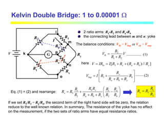 Kelvin Double Bridge: 1 to 0.00001 Ω
G
R3
R1
R2
Rx
p
m
n
Ry
o
k
l
V
I
Rb
Ra
2 ratio arms: R1-R2 and Ra-Rb
the connecting lead between m and n: yoke
The balance conditions: Vlk = Vlmp or Vok = Vonp
2
1 2
lk
R
V V
R R
=
+
here 3
[ ( ) // ]
lo x a b y
V IR I R R R R R
= = + + +
3
y
lmp b
a b y
R
V I R R
R R R
 
= +
 
+ +
 
 
(1)
(2)
Eq. (1) = (2) and rearrange: 1 1
3
2 2
b y a
x
a b y b
R R R
R R
R R
R R R R R R
 
= + −
 
+ +  
If we set R1/R2 = Ra/Rb, the second term of the right hand side will be zero, the relation
reduce to the well known relation. In summary, The resistance of the yoke has no effect
on the measurement, if the two sets of ratio arms have equal resistance ratios.
1
3
2
x
R
R R
R
=
 