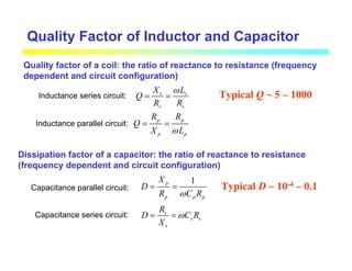 Quality Factor of Inductor and Capacitor
Inductance series circuit: s s
s s
X L
Q
R R
ω
= =
Quality factor of a coil: the ratio of reactance to resistance (frequency
dependent and circuit configuration)
Typical D ~ 10-4 – 0.1
Typical Q ~ 5 – 1000
Inductance parallel circuit:
p p
p p
R R
Q
X L
ω
= =
Dissipation factor of a capacitor: the ratio of reactance to resistance
(frequency dependent and circuit configuration)
Capacitance parallel circuit:
Capacitance series circuit:
1
p
p p p
X
D
R C R
ω
= =
s
s s
s
R
D C R
X
ω
= =
 
