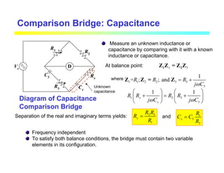 Comparison Bridge: Capacitance
Measure an unknown inductance or
capacitance by comparing with it with a known
inductance or capacitance.
Diagram of Capacitance
Comparison Bridge
Unknown
capacitance
At balance point: 3
x
1 2
Z Z = Z Z
where
1 1 2 2 3 3
3
1
= ; ; and
R R R
j C
ω
= +
Z Z = Z
1 2 3
3
1 1
x
x
R R R R
j C j C
ω ω
   
+ = +
   
   
Separation of the real and imaginary terms yields: 2 3
1
x
R R
R
R
= 1
3
2
x
R
C C
R
=
and
Frequency independent
To satisfy both balance conditions, the bridge must contain two variable
elements in its configuration.
D
R2
R1
Rx
C3
R3 Cx
Vs
 