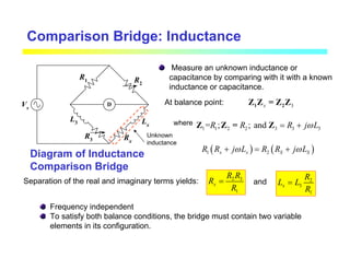 Comparison Bridge: Inductance
Measure an unknown inductance or
capacitance by comparing with it with a known
inductance or capacitance.
Diagram of Inductance
Comparison Bridge
Unknown
inductance
At balance point: 3
x
1 2
Z Z = Z Z
where
1 1 2 2 3 3 3
= ; ; and
R R R j L
ω
= +
Z Z = Z
( ) ( )
1 2
x x S S
R R j L R R j L
ω ω
+ = +
Separation of the real and imaginary terms yields: 2 3
1
x
R R
R
R
= 2
3
1
x
R
L L
R
=
and
Frequency independent
To satisfy both balance conditions, the bridge must contain two variable
elements in its configuration.
D
R2
R1
L3
Rx
Lx
R3
Vs
 