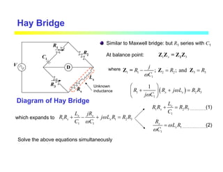 Hay Bridge
Similar to Maxwell bridge: but R1 series with C1
Diagram of Hay Bridge
V
At balance point: 1 3
x 2
Z Z = Z Z
where
1 1 2 2 3 3
1
; ; and
j
R R R
C
ω
− = =
Z = Z Z
( )
1 2 3
1
1
x x
R R j L R R
j C
ω
ω
 
+ + =
 
 
which expands to
Unknown
inductance
D
R2
R1
C1
R3
Rx
Lx
1 1 2 3
1 1
x x
x x
L jR
R R j L R R R
C C
ω
ω
+ − + =
1 2 3
1
x
x
L
R R R R
C
+ =
1
1
x
x
R
L R
C
ω
ω
=
Solve the above equations simultaneously
(1)
(2)
 
