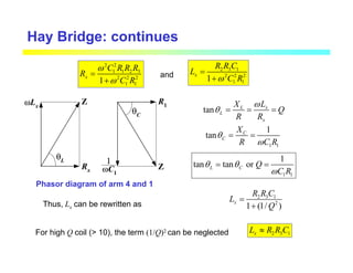 Hay Bridge: continues
2 3 1
2 2 2
1 1
1
x
R R C
L
C R
ω
=
+
2 2
1 1 2 3
2 2 2
1 1
1
x
C R R R
R
C R
ω
ω
=
+
ωLx
Rx
Z
θL
R1
Z
θC
ωC1
1
and
Phasor diagram of arm 4 and 1
tan x
L
L
x
L
X
Q
R R
ω
θ = = =
1 1
1
tan C
C
X
R C R
θ
ω
= =
1 1
1
tan tan or
L C Q
C R
θ θ
ω
= =
Thus, Lx can be rewritten as
2 3 1
2
1 (1/ )
x
R R C
L
Q
=
+
For high Q coil (> 10), the term (1/Q)2 can be neglected 2 3 1
x
L R R C
≈
 
