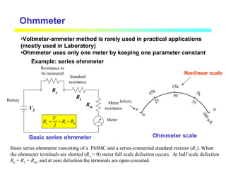 Ohmmeter
•Voltmeter-ammeter method is rarely used in practical applications
(mostly used in Laboratory)
•Ohmmeter uses only one meter by keeping one parameter constant
Example: series ohmmeter
15k
0
∞
25
50
75
1
0
0
µ
A
45k 5k
0
Infinity
Rx
Resistance to
be measured
Standard
resistance
Rm
Meter
resistance
Meter
Battery
VS
R1
Basic series ohmmeter consisting of a PMMC and a series-connected standard resistor (R1). When
the ohmmeter terminals are shorted (Rx = 0) meter full scale defection occurs. At half scale defection
Rx = R1 + Rm, and at zero defection the terminals are open-circuited.
Basic series ohmmeter Ohmmeter scale
Nonlinear scale
1
s
x m
V
R R R
I
= − −
 