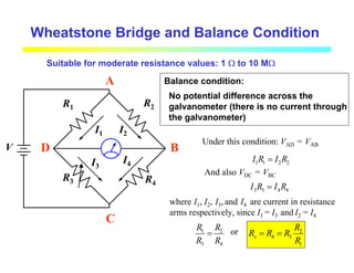 Wheatstone Bridge and Balance Condition
V
R1
R3
R2
R4
I1 I2
I3
I4
Suitable for moderate resistance values: 1 Ω to 10 MΩ
A
B
C
D
Balance condition:
No potential difference across the
galvanometer (there is no current through
the galvanometer)
Under this condition: VAD = VAB
1 1 2 2
I R I R
=
And also VDC = VBC
3 3 4 4
I R I R
=
where I1, I2, I3, and I4 are current in resistance
arms respectively, since I1 = I3 and I2 = I4
1 2
3 4
R R
R R
= or 2
4 3
1
x
R
R R R
R
= =
 