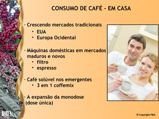 CONSUMO DE CAFÉ – EM CASA

- Crescendo mercados tradicionais
    • EUA
    • Europa Ocidental

- Máquinas domésticas em mercados
  maduros e novos
    • filtro
    • espresso

- Café solúvel nos emergentes
    • 3 em 1 coffemix

- A expansão da monodose
 (dose única)

                                       © Copyright P&A
 