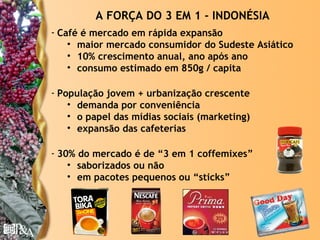 A FORÇA DO 3 EM 1 - INDONÉSIA
- Café é mercado em rápida expansão
    • maior mercado consumidor do Sudeste Asiático
    • 10% crescimento anual, ano após ano
    • consumo estimado em 850g / capita

- População jovem + urbanização crescente
    • demanda por conveniência
    • o papel das mídias sociais (marketing)
    • expansão das cafeterias

- 30% do mercado é de “3 em 1 coffemixes”
    • saborizados ou não
    • em pacotes pequenos ou “sticks”




                                               © Copyright P&A
 