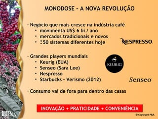 MONODOSE – A NOVA REVOLUÇÃO

- Negócio que mais cresce na indústria café
    • movimenta US$ 6 bi / ano
    • mercados tradicionais e novos
    • + 50 sistemas diferentes hoje
      -

- Grandes players mundiais
    • Keurig (EUA)
    • Senseo (Sara Lee)
    • Nespresso
    • Starbucks – Verismo (2012)

- Consumo vai de fora para dentro das casas


      INOVAÇÃO + PRATICIDADE + CONVENIÊNCIA
                                              © Copyright P&A
 