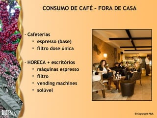 CONSUMO DE CAFÉ – FORA DE CASA



- Cafeterias
    • espresso (base)
    • filtro dose única

- HORECA + escritórios
   • máquinas espresso
   • filtro
   • vending machines
   • solúvel



                                     © Copyright P&A
 