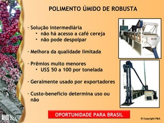 POLIMENTO ÚMIDO DE ROBUSTA


- Solução intermediária
    • não há acesso a café cereja
    • não pode despolpar

- Melhora da qualidade limitada

- Prêmios muito menores
    • US$ 50 a 100 por tonelada

- Geralmente usado por exportadores

- Custo-benefício determina uso ou
  não

           OPORTUNIDADE PARA BRASIL
                                      © Copyright P&A
 