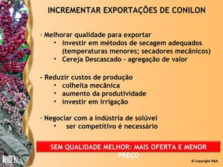 INCREMENTAR EXPORTAÇÕES DE CONILON

- Melhorar qualidade para exportar
    • investir em métodos de secagem adequados
       (temperaturas menores; secadores mecânicos)
    • Cereja Descascado – agregação de valor

- Reduzir custos de produção
    • colheita mecânica
    • aumento da produtividade
    • investir em irrigação

- Negociar com a indústria de solúvel
    • ser competitivo é necessário


   SEM QUALIDADE MELHOR: MAIS OFERTA E MENOR
                    PREÇO
                                            © Copyright P&A
 