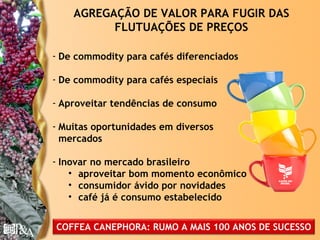 AGREGAÇÃO DE VALOR PARA FUGIR DAS
          FLUTUAÇÕES DE PREÇOS

- De commodity para cafés diferenciados

- De commodity para cafés especiais

- Aproveitar tendências de consumo

- Muitas oportunidades em diversos
  mercados

- Inovar no mercado brasileiro
    • aproveitar bom momento econômico
    • consumidor ávido por novidades
    • café já é consumo estabelecido


COFFEA CANEPHORA: RUMO A MAIS 100 ANOS DE SUCESSO
                                          © Copyright P&A
 
