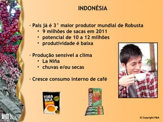 INDONÉSIA

- País já é 3° maior produtor mundial de Robusta
    • 9 milhões de sacas em 2011
    • potencial de 10 a 12 milhões
    • produtividade é baixa

- Produção sensível a clima
    • La Niña
    • chuvas e/ou secas

- Cresce consumo interno de café




                                              © Copyright P&A
 