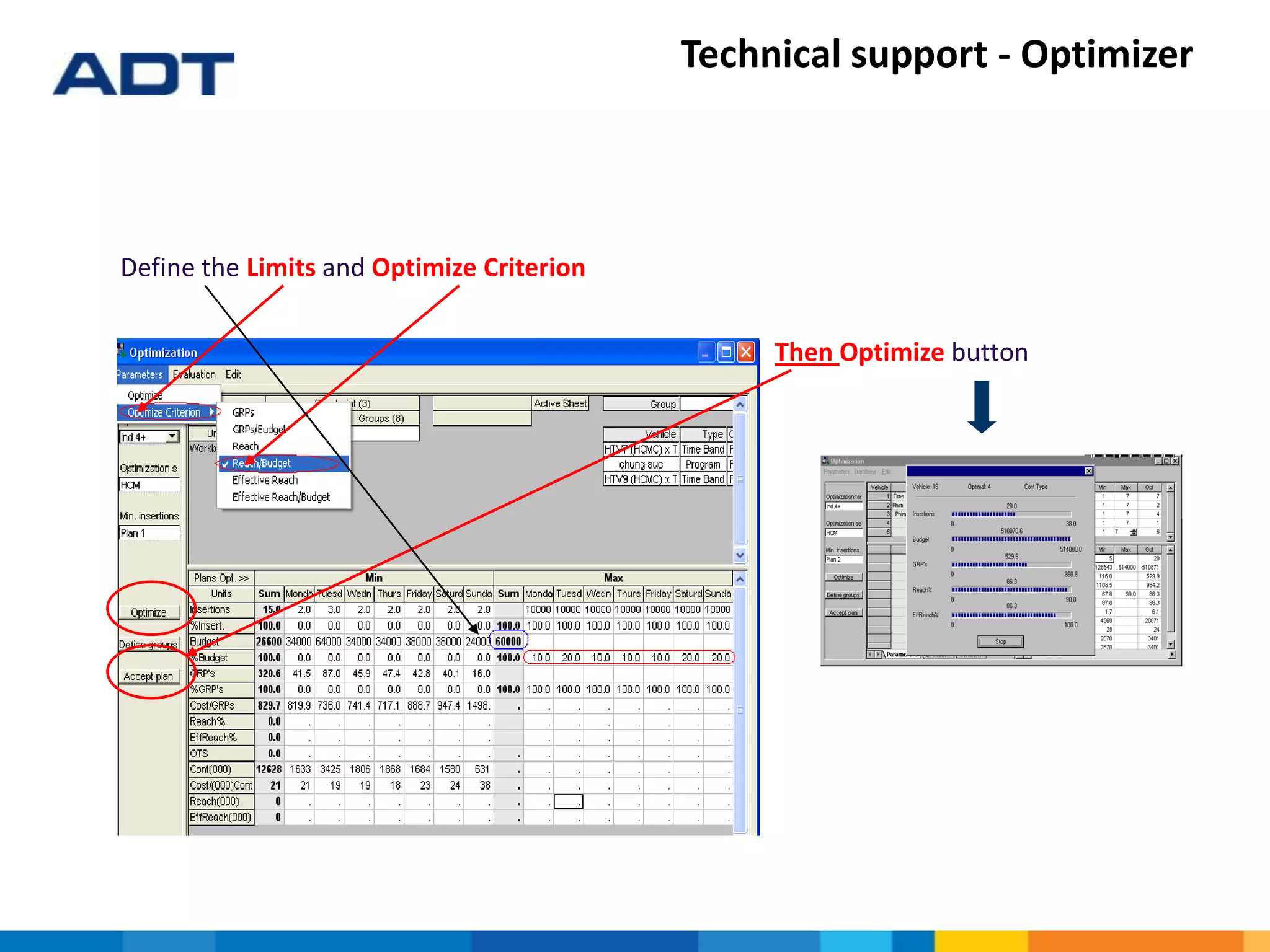 Define the Limits and Optimize Criterion
Then Optimize button
Technical support - Optimizer
 