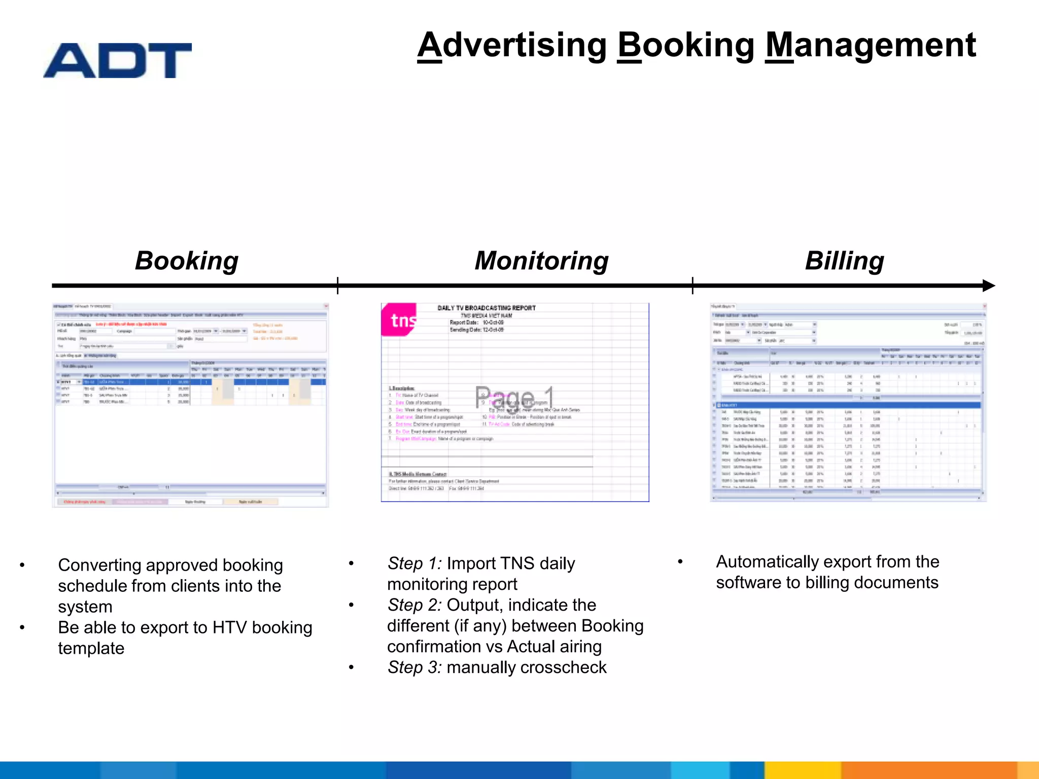 Advertising Booking Management
Booking Monitoring Billing
• Step 1: Import TNS daily
monitoring report
• Step 2: Output, indicate the
different (if any) between Booking
confirmation vs Actual airing
• Step 3: manually crosscheck
• Converting approved booking
schedule from clients into the
system
• Be able to export to HTV booking
template
• Automatically export from the
software to billing documents
 