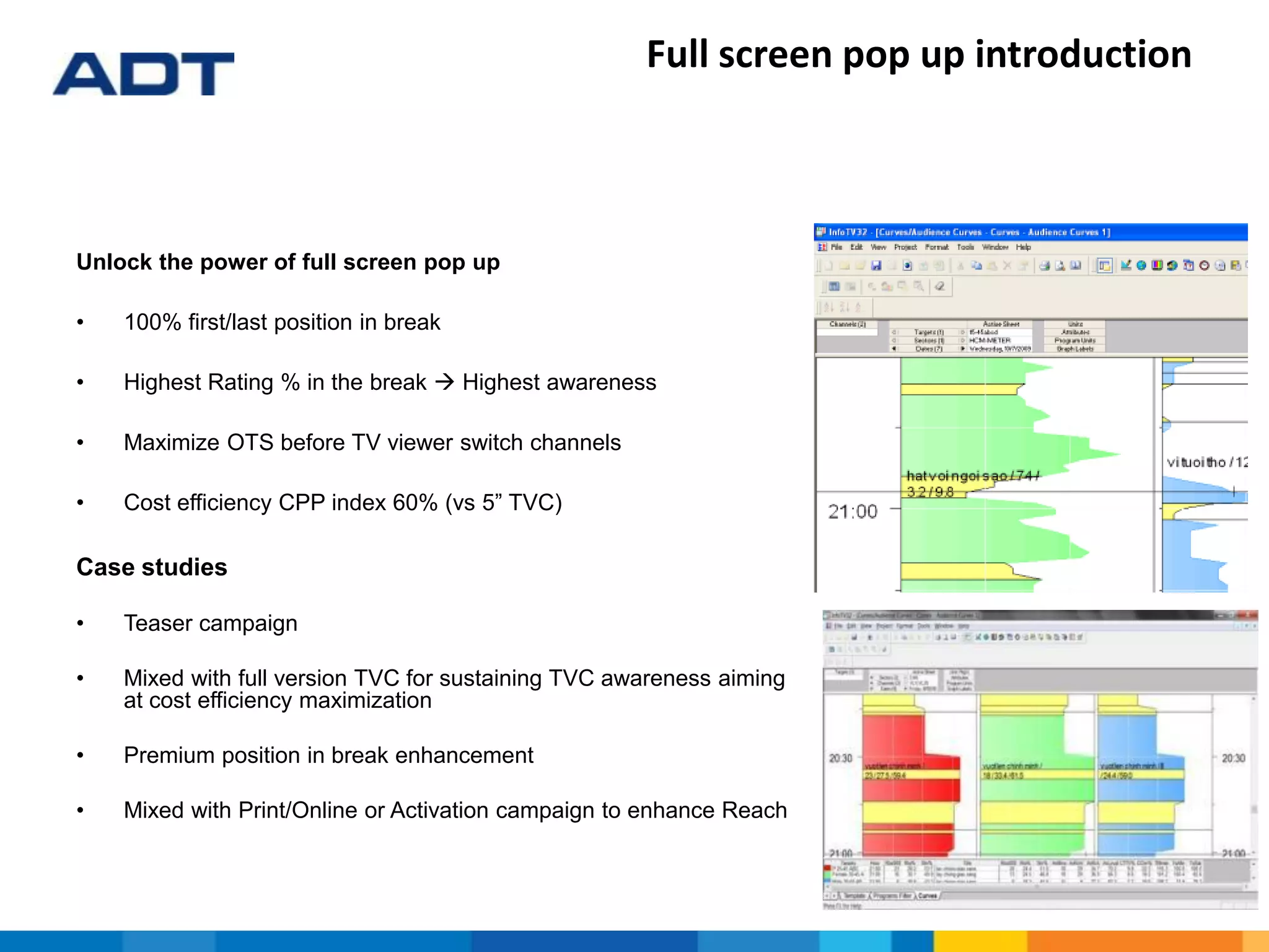 Unlock the power of full screen pop up
• 100% first/last position in break
• Highest Rating % in the break  Highest awareness
• Maximize OTS before TV viewer switch channels
• Cost efficiency CPP index 60% (vs 5” TVC)
Case studies
• Teaser campaign
• Mixed with full version TVC for sustaining TVC awareness aiming
at cost efficiency maximization
• Premium position in break enhancement
• Mixed with Print/Online or Activation campaign to enhance Reach
Full screen pop up introduction
 