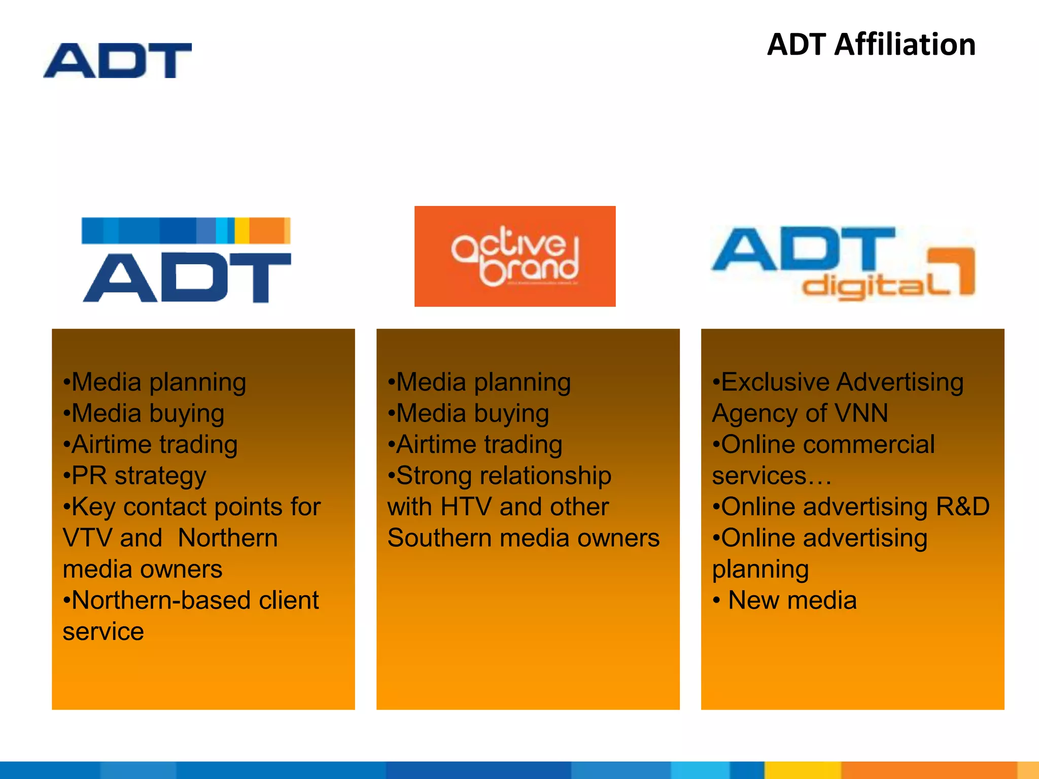 ADT Affiliation
•Media planning
•Media buying
•Airtime trading
•PR strategy
•Key contact points for
VTV and Northern
media owners
•Northern-based client
service
•Media planning
•Media buying
•Airtime trading
•Strong relationship
with HTV and other
Southern media owners
•Exclusive Advertising
Agency of VNN
•Online commercial
services…
•Online advertising R&D
•Online advertising
planning
• New media
 