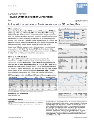 October 26, 2011




EARNINGS REVIEW
Taiwan Synthetic Rubber Corporation
Buy                                                                                                                                                                 Equity Research

In line with expectations: Beats consensus on BD decline, Buy
What surprised us                                                                                               Investment Profile
                                                                                                                Low                                                                          High
Taiwan Synthetic Rubber Co. (TSRC) reported 3Q11 earnings of NT$1.5bn
                                                                                                                Growth                                                                       Growth
(-10% qoq, +86% yoy, inline with GSe and 32% above Bloomberg
                                                                                                                Returns *                                                                    Returns *
consensus). We think consensus underestimated the margin expansion
                                                                                                                Multiple                                                                     Multiple
from raw material (Butadiene, BD) price correction. BD peaked in July and                                       Volatility                                                                   Volatility
has declined 51% since, currently at US$2,050/t; as for synthetic product                                            Percentile           20th       40th       60th        80th       100th
                                                                                                                    Taiwan Synthetic Rubber Corporation (2103.TW)
pricing, TSRC cut its 4Q11 synthetic rubber contract prices by 8%-10%. We
                                                                                                                    Asia Pacific Autos & Autoparts Peer Group Average
expect its monthly sales could see a further price decline; nonetheless, we
                                                                                                              * Returns = Return on Capital For a complete description of the
believe that product pricing decline should lag behind that of BD.                                                                          investment profile measures please refer to
                                                                                                                                            the disclosure section of this document.

Key drivers: 1) Stable replacement tire demand evident from continued
                                                                                                              Key data                                                                           Current
strong sales by CSR (2105.TW, Neutral, NT$71.3), 2) Synthetic rubber                                          Price (NT$)                                                                           79.50
supply tightness, and 3) Stable natural rubber prices (maintain at US$4/kg                                    12 month price target (NT$)                                                           97.00
                                                                                                              Market cap (NT$ mn / US$ mn)                                             56,834.6 / 1,887.1
level) provide partial support to synthetic rubber prices.                                                    Foreign ownership (%)                                                                  27.0



What to do with the stock                                                                                                                            12/10         12/11E          12/12E          12/13E
                                                                                                              EPS (NT$)                               4.59            8.97            9.03          10.44
We expect TSRC to continue to enjoy margin expansion as the                                                   EPS growth (%)                          40.6            95.5             0.7            15.6
                                                                                                              EPS (diluted) (NT$)                     4.59            8.97            9.03          10.44
contribution from BD correction is likely to exceed product price                                             EPS (basic pre-ex) (NT$)                4.59            8.97            9.03          10.44
adjustments in 4Q11. We estimate TSRC’s 4Q11 earnings to increase                                             P/E (X)                                 17.3             8.9             8.8             7.6
                                                                                                              P/B (X)                                  4.4             3.7             3.3             2.8
10% qoq due to gross margin expansion to 22.6% in 4Q11 from 20.4%                                             EV/EBITDA (X)                            5.6             5.6             5.7             5.4
in 3Q11. We have slightly adjusted our 2011-2013E earnings by less than                                       Dividend yield (%)                       4.0             7.3             7.4             8.5
                                                                                                              ROE (%)                                 26.1           45.5            39.5            39.8
1% after 3Q11 results. Maintain our Buy rating and our 12m P/B-ROE based                                      CROCI (%)                               20.8           15.5            16.1            20.6

target price of NT$97, implying 23% upside. Downside risks: 1) Lower-
                                                                                                              Price performance chart
than-expected tire demand; and 2) high raw material (BD) prices.
                                                                                                              85                                                                                     10,500
3Q11 earnings are inline with GSe and 32% above Bloomberg consensus.                                          80                                                                                     10,000
                                                                                                              75                                                                                     9,500
 TSRC (2103.TW)                      3Q11                    QoQ         YoY          Versus consensus
                                                                                   Bloomberg    Diff % of     70                                                                                     9,000
 P&L (NT$mn)            Actual     GS est.     Diff (%)      QoQ         YoY
                                                                                   Consensus Consensus        65                                                                                     8,500
 Revenue                  14,855      14,855           0%         1%        67%         13,951          6%    60                                                                                     8,000
 Gross profits             3,036       2,939           3%       -15%        99%            NA           NA
 Operating profits         2,491       2,280           9%       -16%       120%          1,968         27%    55                                                                                     7,500
 Net earnings              1,485       1,497          -1%       -10%        86%          1,126         32%    50                                                                                     7,000
 EPS, NT$                   2.08        2.09          -1%       -10%        86%           1.58         32%    45                                                                                     6,500
 Gross margin (%)          20.4%       19.8%       0.7ppt     -3.7ppt     3.4ppt            NA          NA     Oct-10               Jan-11               May-11               Aug-11
 EBIT margin (%)           16.8%       15.4%       1.4ppt     -3.4ppt     4.1ppt         14.1%       2.7ppt
 Net margin (%)            10.0%       10.1%      -0.1ppt     -1.2ppt     1.1ppt          8.1%       1.9ppt
                                                                                                                    Taiwan Synthetic Rubber Corporation (L)            Taiwan SE Weighted Index (R)
Source: Company data, Bloomberg, Goldman Sachs Research estimates

INVESTMENT LIST MEMBERSHIP                                                                                    Share price performance (%)                       3 month         6 month 12 month
                                                                                                              Absolute                                               4.2            (0.5)    53.2
Asia Pacific Buy List                                                                                         Rel. to Taiwan SE Weighted Index                      20.8            18.9     69.8
                                                                                                              Source: Company data, Goldman Sachs Research estimates, FactSet. Price as of 10/25/2011 close.



Coverage View: Neutral
Tommy Wong                                                                           Goldman Sachs does and seeks to do business with companies
+886(2)2730-4194 tommy.wong@gs.com Goldman Sachs (Asia) L.L.C., Taipei Branch
Willy Chen
                                                                                     covered in its research reports. As a result, investors should be
+886(2)2730-4183 willy.chen@gs.com Goldman Sachs (Asia) L.L.C., Taipei Branch        aware that the firm may have a conflict of interest that could
                                                                                     affect the objectivity of this report. Investors should consider
                                                                                     this report as only a single factor in making their investment
                                                                                     decision. For Reg AC see the end of the text. For other
                                                                                     important disclosures, see the Disclosure Appendix, or go to
                                                                                     www.gs.com/research/hedge.html. Analysts employed by non-
                                                                                     US affiliates are not registered/qualified as research analysts
                                                                                     with FINRA in the U.S.
The Goldman Sachs Group, Inc.                                                                                                                                     Global Investment Research
 