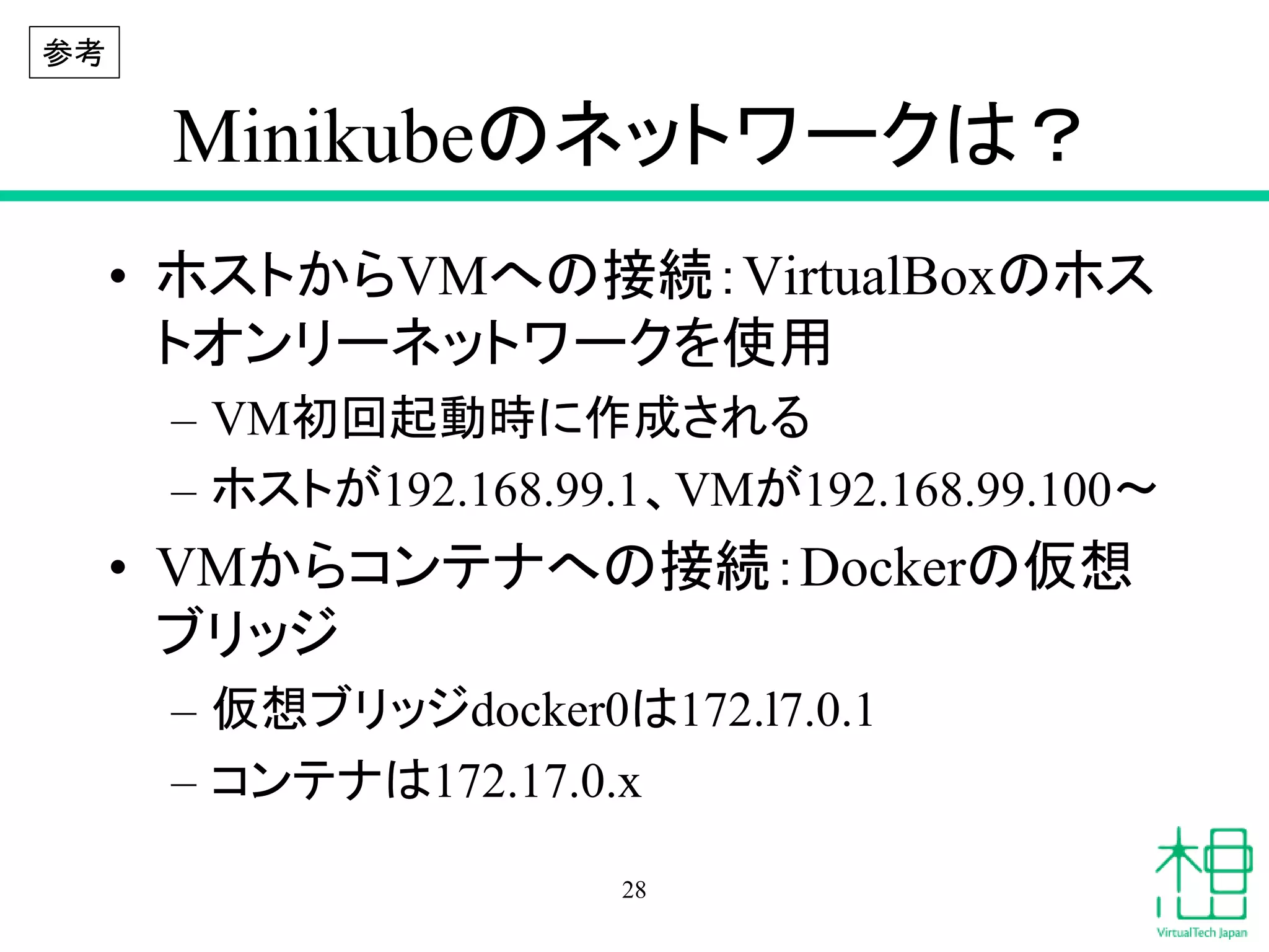 Minikubeのネットワークは？
• ホストからVMへの接続：VirtualBoxのホス
トオンリーネットワークを使用
– VM初回起動時に作成される
– ホストが192.168.99.1、VMが192.168.99.100〜
• VMからコンテナへの接続：Dockerの仮想
ブリッジ
– 仮想ブリッジdocker0は172.l7.0.1
– コンテナは172.17.0.x
28
参考
 