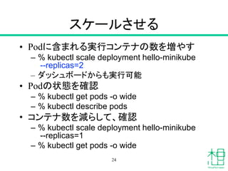 スケールさせる
• Podに含まれる実行コンテナの数を増やす
– % kubectl scale deployment hello-minikube
--replicas=2
– ダッシュボードからも実行可能
• Podの状態を確認
– % kubectl get pods -o wide
– % kubectl describe pods
• コンテナ数を減らして、確認
– % kubectl scale deployment hello-minikube
--replicas=1
– % kubectl get pods -o wide
24
 
