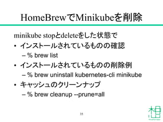 HomeBrewでMinikubeを削除
minikube stopとdeleteをした状態で
• インストールされているものの確認
– % brew list
• インストールされているものの削除例
– % brew uninstall kubernetes-cli minikube
• キャッシュのクリーンナップ
– % brew cleanup --prune=all
35
 