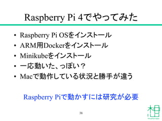 Raspberry Pi 4でやってみた
• Raspberry Pi OSをインストール
• ARM用Dockerをインストール
• Minikubeをインストール
• 一応動いた、っぽい？
• Macで動作している状況と勝手が違う
Raspberry Piで動かすには研究が必要
38
 