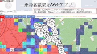 乗降客数表示Webアプリ
12
表示例：久山町コミュニティバス乗降客数データおよび
国土数値情報 500mメッシュ別将来推計人口（H30国政局推計）
 