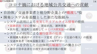 コロナ禍における地域公共交通への貢献
• 自治体／交通事業者と他分野企業との“橋渡し”役
• 開発システムを基盤とした新たな取組み
–システム活用による充実したリアルタイム情報の提供
• 混雑状況（安心情報）、遅延状況、運休情報
• 次年度、須恵町と連携して コミバスIT実装への挑戦
–システムの利用による運行改善の促進
• 新規購入車両サイズやモード変更（デマンド交通の導入）の提案
• 交通事業者（地域基盤企業）へのICTサポート
–システムを介在した自治体間広域運行への働きかけ
• 運営の効率改善を目指す共同運営形態の提案
14
 