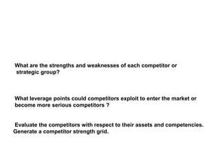 What are the strengths and weaknesses of each competitor or
strategic group?
What leverage points could competitors exploit to enter the market or
become more serious competitors ?
Evaluate the competitors with respect to their assets and competencies.
Generate a competitor strength grid.
 