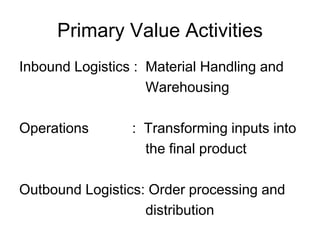 Primary Value Activities
Inbound Logistics : Material Handling and
Warehousing
Operations : Transforming inputs into
the final product
Outbound Logistics: Order processing and
distribution
 