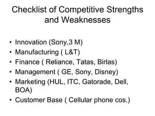Checklist of Competitive Strengths
and Weaknesses
• Innovation (Sony,3 M)
• Manufacturing ( L&T)
• Finance ( Reliance, Tatas, Birlas)
• Management ( GE, Sony, Disney)
• Marketing (HUL, ITC, Gatorade, Dell,
BOA)
• Customer Base ( Cellular phone cos.)
 