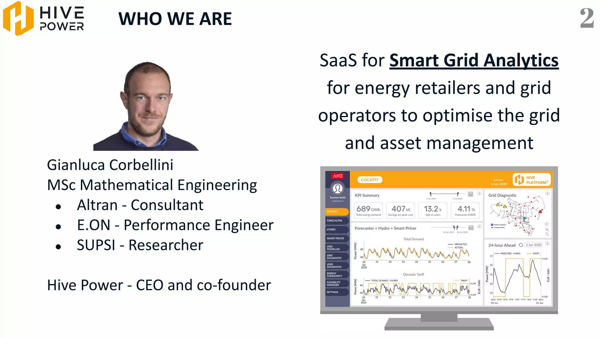 WHO WE ARE
Gianluca Corbellini
MSc Mathematical Engineering
● Altran - Consultant
● E.ON - Performance Engineer
● SUPSI - Researcher
Hive Power - CEO and co-founder
2
SaaS for Smart Grid Analytics
for energy retailers and grid
operators to optimise the grid
and asset management
 