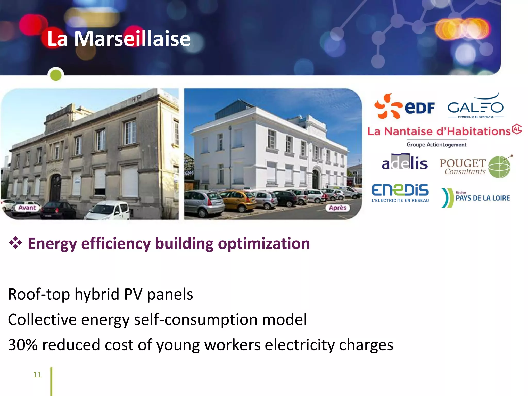@SmileSmartGrids #SmileSmartGrids #Smile2Business
11
La Marseillaise
❖ Energy efficiency building optimization
Roof-top hybrid PV panels
Collective energy self-consumption model
30% reduced cost of young workers electricity charges
JAN2019
DEC 2020
 