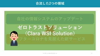 © 2021 CLARA ONLINE, Inc 17
合流した2つの領域
自社の情報システムのアップデート
アフターコロナを見据えた新サービス
ゼロトラストソリューション
（Clara WSI Solution）
 