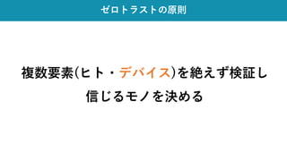 ゼロトラストの原則
複数要素(ヒト・デバイス)を絶えず検証し
信じるモノを決める
 
