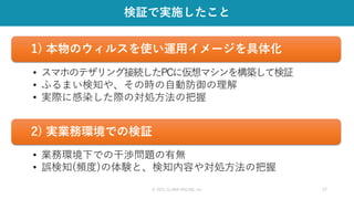 © 2021 CLARA ONLINE, Inc 27
検証で実施したこと
1) 本物のウィルスを使い運用イメージを具体化
2) 実業務環境での検証
• スマホのテザリング接続したPCに仮想マシンを構築して検証
• ふるまい検知や、その時の自動防御の理解
• 実際に感染した際の対処方法の把握
• 業務環境下での干渉問題の有無
• 誤検知(頻度)の体験と、検知内容や対処方法の把握
 