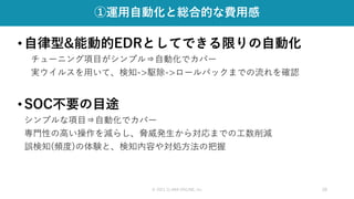 © 2021 CLARA ONLINE, Inc 28
①運用自動化と総合的な費用感
•自律型&能動的EDRとしてできる限りの自動化
チューニング項目がシンプル⇒自動化でカバー
実ウイルスを用いて、検知->駆除->ロールバックまでの流れを確認
•SOC不要の目途
シンプルな項目⇒自動化でカバー
専門性の高い操作を減らし、脅威発生から対応までの工数削減
誤検知(頻度)の体験と、検知内容や対処方法の把握
 
