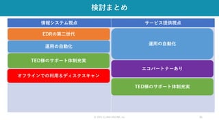 © 2021 CLARA ONLINE, Inc 36
検討まとめ
情報システム視点 サービス提供視点
・次世代型のエンドポイントであること
・運用を回せること
⇒運用ができなければSOCを検討
・サポートの充実
・中国での利用が可能である
・当社のターゲット層に合うか
⇒100-1,000名規模
・独自の付加価値があるか
⇒わかりやすいメッセージアウトができるか
・エコパートナーの充実さ
⇒主要ゼロトラストベンダーと連携ができるか
・信頼できるビジネスパートナーか
オフラインでの利用＆ディスクスキャン
EDRの第二世代
運用の自動化
運用の自動化
エコパートナーあり
TED様のサポート体制充実
TED様のサポート体制充実
 