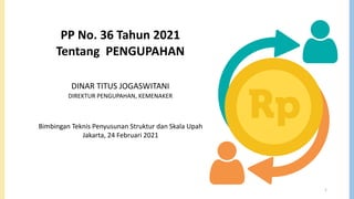 PP No. 36 Tahun 2021
Tentang PENGUPAHAN
DINAR TITUS JOGASWITANI
DIREKTUR PENGUPAHAN, KEMENAKER
Bimbingan Teknis Penyusunan Struktur dan Skala Upah
Jakarta, 24 Februari 2021
1
 