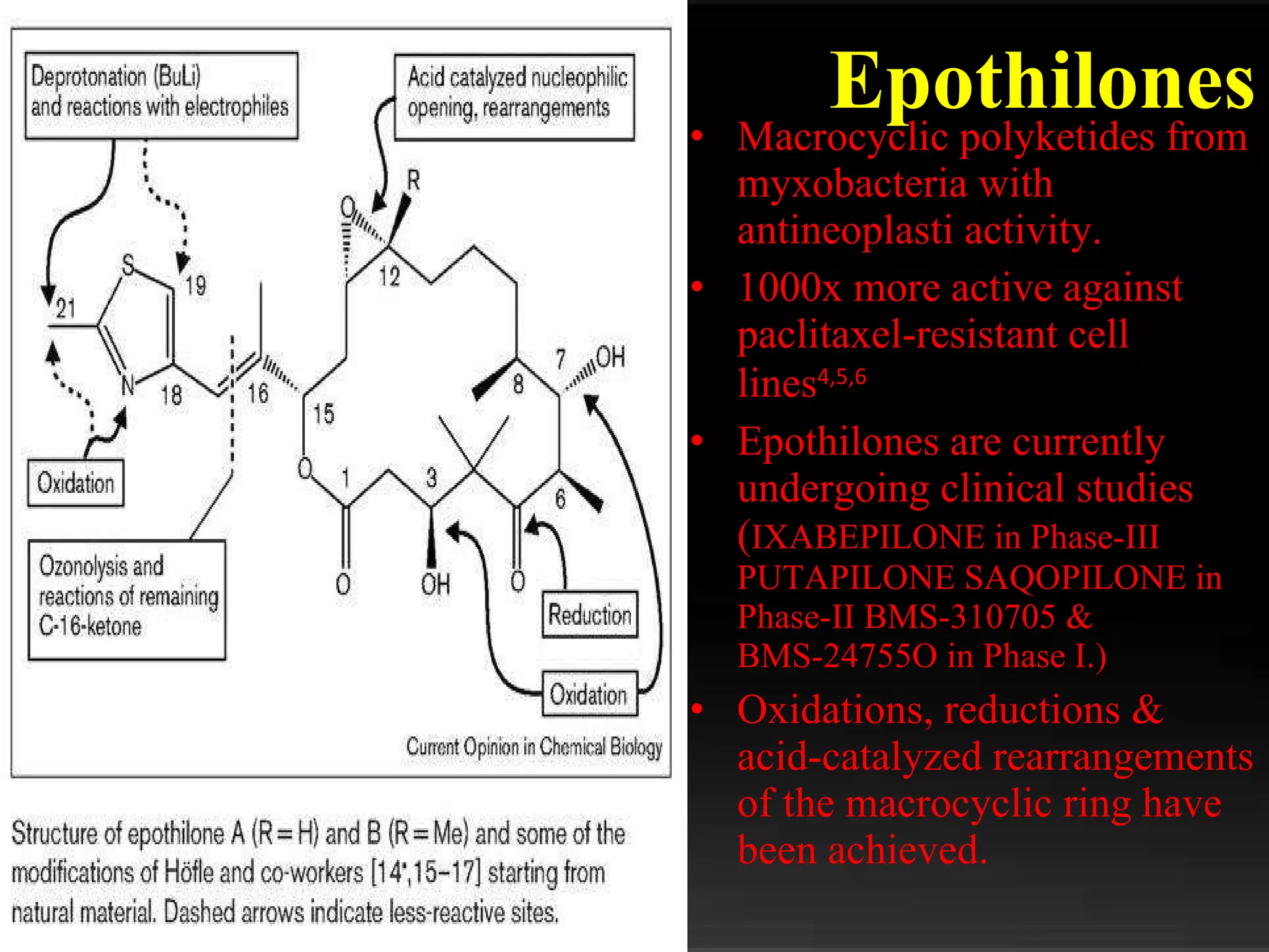 Macrocyclic polyketides from myxobacteria with antineoplasti activity. 1000x more active against paclitaxel-resistant cell lines 4,5,6 Epothilones are currently undergoing clinical studies ( IXABEPILONE in Phase-III  PUTAPILONE SAQOPILONE in Phase-II BMS-310705 & BMS-24755O in Phase I.) Oxidations, reductions & acid-catalyzed rearrangements of the macrocyclic ring have been achieved. Epothilones 