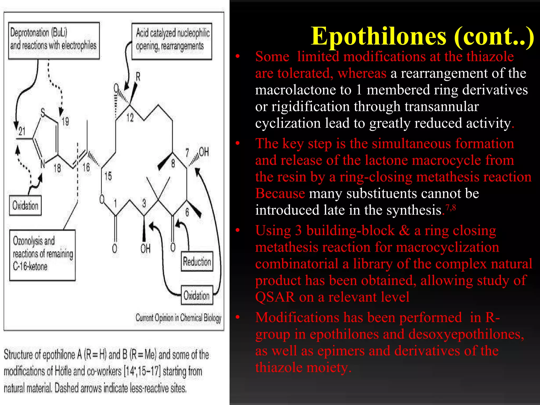 Some  limited modifications at the thiazole are tolerated, whereas  a rearrangement of the macrolactone to 1 membered ring derivatives or rigidification through transannular cyclization lead to greatly reduced activity . The key step is the simultaneous formation and release of the lactone macrocycle from the resin by a ring-closing metathesis reaction Because  many substituents cannot be introduced late in the synthesis . 7,8 Using 3 building-block & a ring closing metathesis reaction for macrocyclization combinatorial a library of the complex natural product has been obtained, allowing study of QSAR on a relevant level Modifications has been performed  in R-group in epothilones and desoxyepothilones, as well as epimers and derivatives of the thiazole moiety. Epothilones (cont..) 