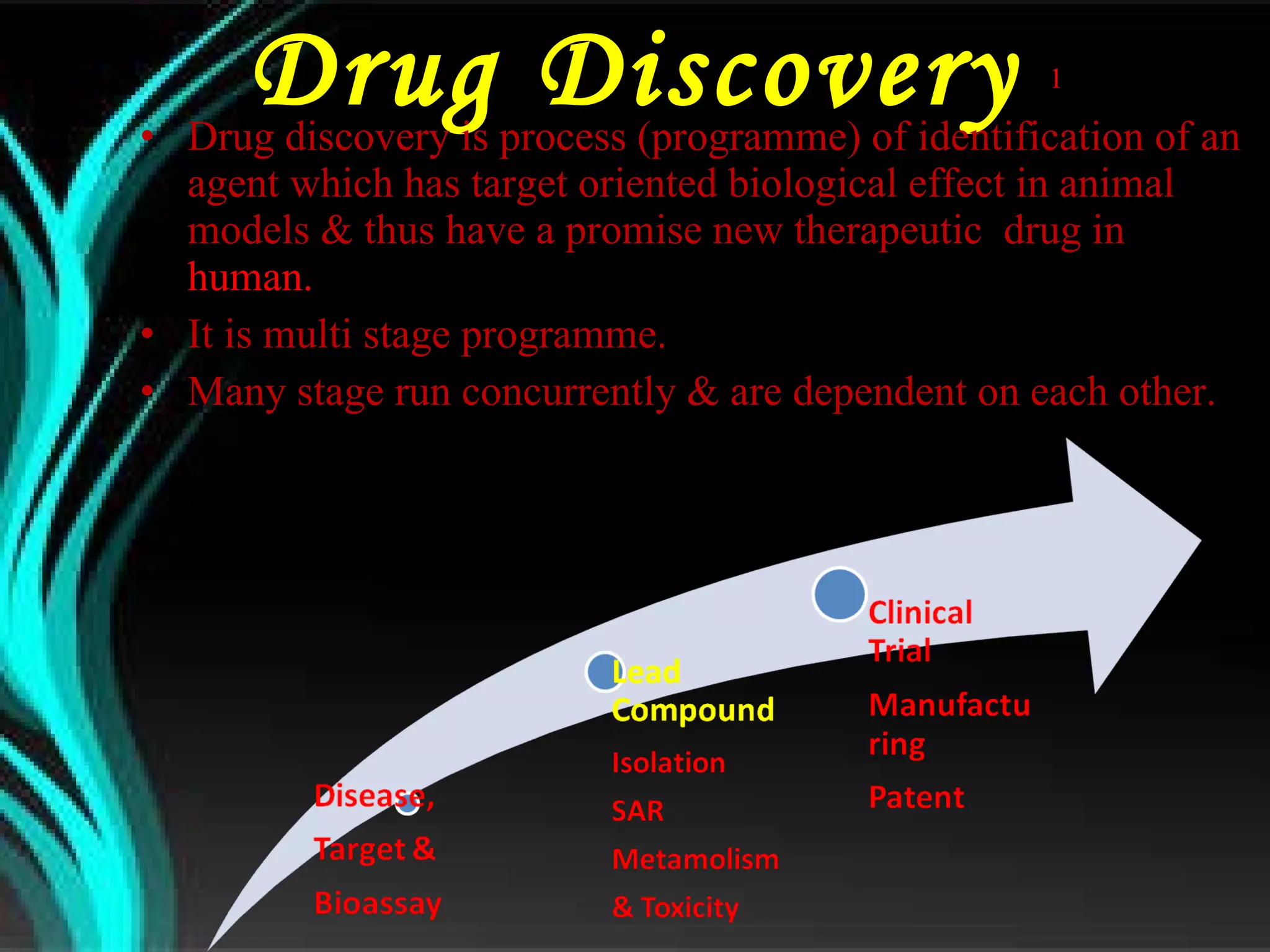Drug Discovery   1 Drug discovery is process (programme) of identification of an agent which has target oriented biological effect in animal models & thus have a promise new therapeutic  drug in  human. It is multi stage programme. Many stage run concurrently & are dependent on each other. 