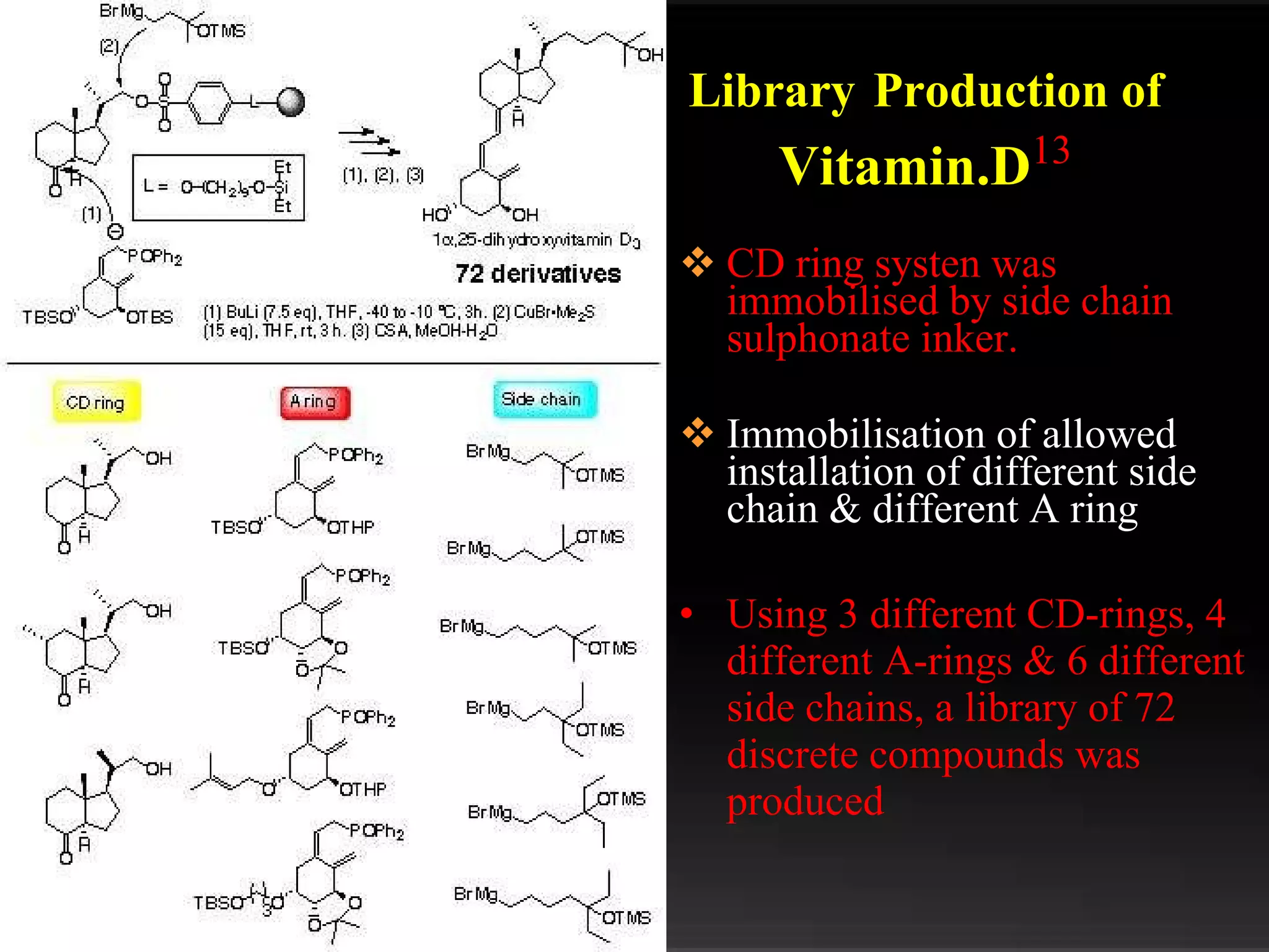 Library   Production of  Vitamin.D 13 CD ring systen was immobilised by side chain sulphonate inker. Immobilisation of allowed installation of different side  chain & different A ring Using 3 different CD-rings, 4 different A-rings & 6 different side chains, a library of 72 discrete compounds was produced 