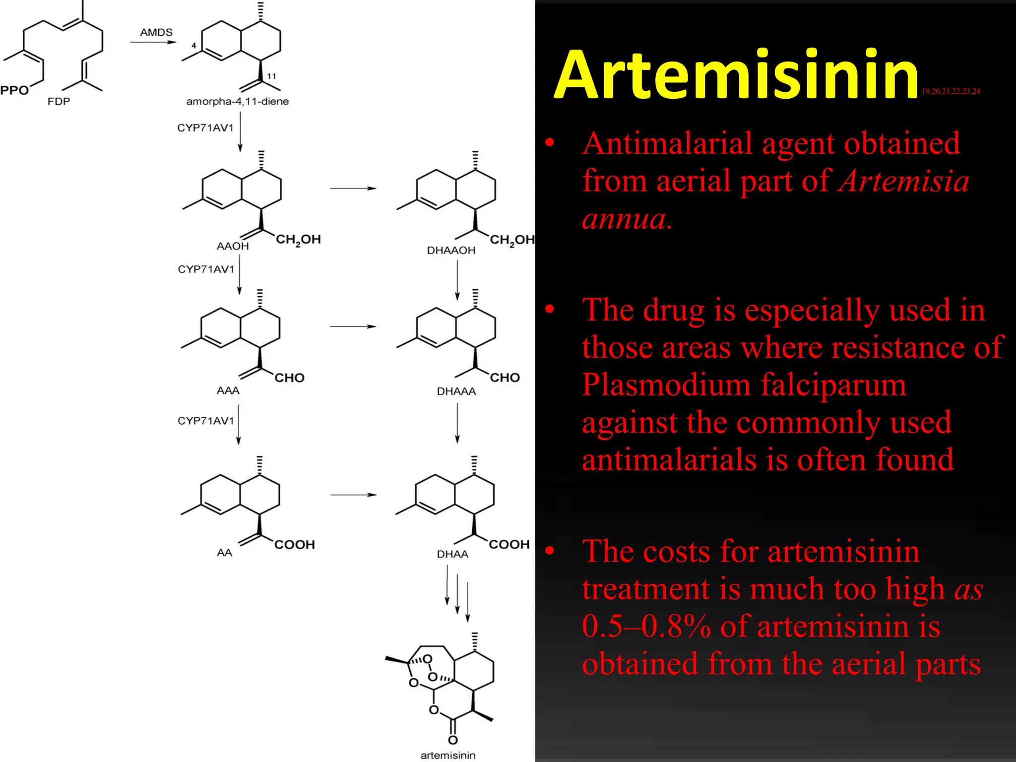 Artemisinin 19,20,21,22,23,24 Antimalarial agent obtained from aerial part of  Artemisia annua. The drug is especially used in those areas where resistance of Plasmodium falciparum against the commonly used antimalarials is often found The costs for artemisinin treatment is much too high  as  0.5–0.8% of artemisinin is obtained from the aerial parts  