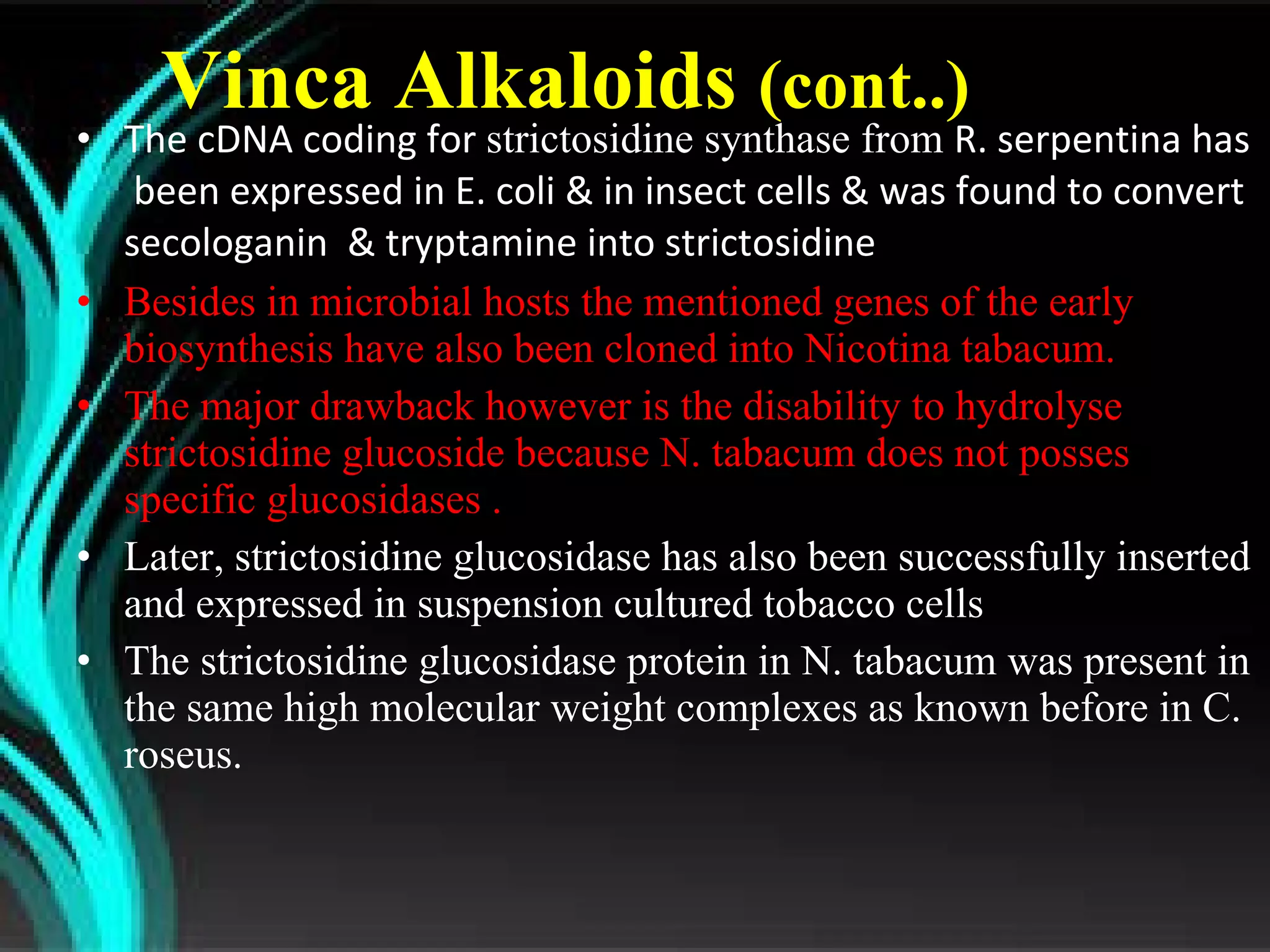 Vinca Alkaloids  (cont..) The cDNA coding for  strictosidine synthase from  R. serpentina has  been expressed in E. coli & in insect cells & was found to convert secologanin  & tryptamine into strictosidine Besides in microbial hosts the mentioned genes of the early biosynthesis have also been cloned into Nicotina tabacum. The major drawback however is the disability to hydrolyse strictosidine glucoside because N. tabacum does not posses specific glucosidases . Later, strictosidine glucosidase has also been successfully inserted and expressed in suspension cultured tobacco cells  The strictosidine glucosidase protein in N. tabacum was present in the same high molecular weight complexes as known before in C. roseus. 