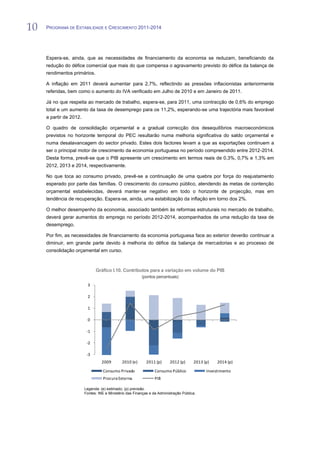 10   PROGRAMA DE ESTABILIDADE E CRESCIMENTO 2011-2014


10
     Espera-se, ainda, que as necessidades de financiamento da economia se reduzam, beneficiando da
     redução do défice comercial que mais do que compensa o agravamento previsto do défice da balança de
     rendimentos primários.

     A inflação em 2011 deverá aumentar para 2,7%, reflectindo as pressões inflacionistas anteriormente
     referidas, bem como o aumento do IVA verificado em Julho de 2010 e em Janeiro de 2011.

     Já no que respeita ao mercado de trabalho, espera-se, para 2011, uma contracção de 0,6% do emprego
     total e um aumento da taxa de desemprego para os 11,2%, esperando-se uma trajectória mais favorável
     a partir de 2012.

     O quadro de consolidação orçamental e a gradual correcção dos desequilíbrios macroeconómicos
     previstos no horizonte temporal do PEC resultarão numa melhoria significativa do saldo orçamental e
     numa desalavancagem do sector privado. Estes dois factores levam a que as exportações continuem a
     ser o principal motor de crescimento da economia portuguesa no período compreendido entre 2012-2014.
     Desta forma, prevê-se que o PIB apresente um crescimento em termos reais de 0,3%, 0,7% e 1,3% em
     2012, 2013 e 2014, respectivamente.

     No que toca ao consumo privado, prevê-se a continuação de uma quebra por força do reajustamento
     esperado por parte das famílias. O crescimento do consumo público, atendendo às metas de contenção
     orçamental estabelecidas, deverá manter-se negativo em todo o horizonte de projecção, mas em
     tendência de recuperação. Espera-se, ainda, uma estabilização da inflação em torno dos 2%.

     O melhor desempenho da economia, associado também às reformas estruturais no mercado de trabalho,
     deverá gerar aumentos do emprego no período 2012-2014, acompanhados de uma redução da taxa de
     desemprego.

     Por fim, as necessidades de financiamento da economia portuguesa face ao exterior deverão continuar a
     diminuir, em grande parte devido à melhoria do défice da balança de mercadorias e ao processo de
     consolidação orçamental em curso.



                               Gráfico I.10. Contributos para a variação em volume do PIB
                                                          (pontos percentuais)
                          3

                          2

                          1

                          0

                          -1

                          -2

                          -3
                                   2009        2010 (e)      2011 (p)     2012 (p)      2013 (p)   2014 (p)

                                   Consumo Privado                Consumo Público             Investimento
                                   Procura Externa                PIB

                         Legenda: (e) estimado; (p) previsão.
                         Fontes: INE e Ministério das Finanças e da Administração Pública.
 